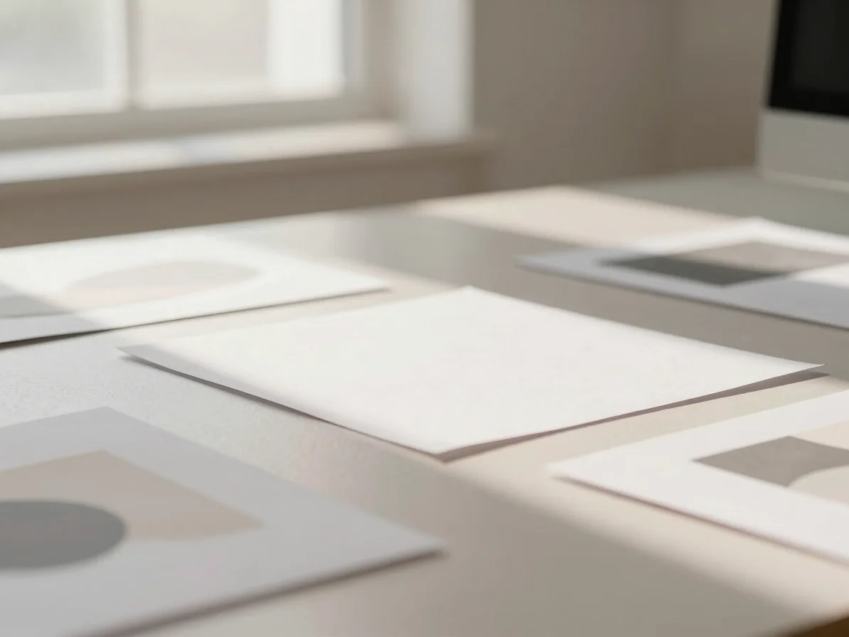 Quiet modern workspace surface with abstract paper studies and neutral shadows, soft diffused window light